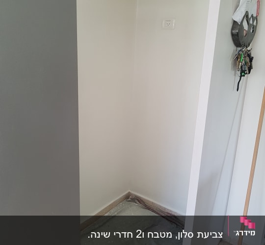קיר צבוע לבן עם יריעת מגן על הרצפה